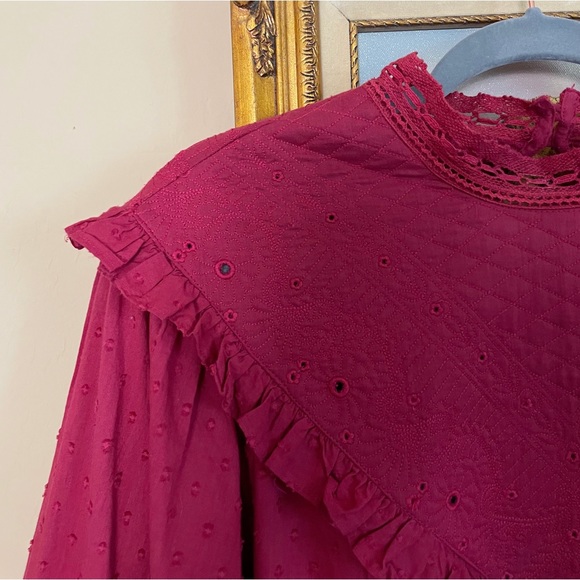 ANTHROPOLOGIE NWT Forever That Girl Burgundy Quilted Ruffle Frill Eyelet Blouse - Picture 8 of 11